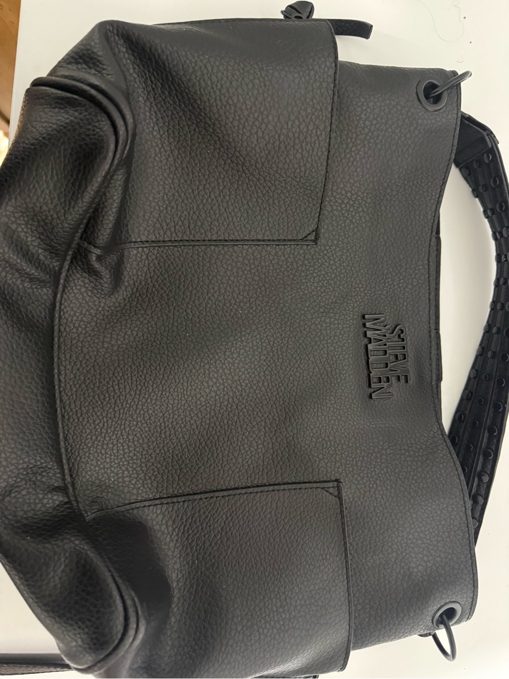 Steve Madden Black Pebbled Leather Satchel with Embossed Logo